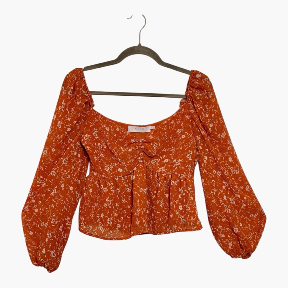 ASTR The Label Orange Floral Puff Sleeve Top Boho Peasant Festival Size Small